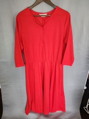 Blair Vintage Retro Red Henley Midi Dress with Gathered Waist